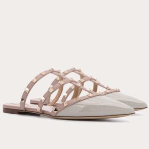 Valentino Rockstud Flat Mules In Blue Patent Leather