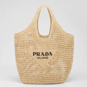Prada Large Tote Bag In Beige Woven Raffia
